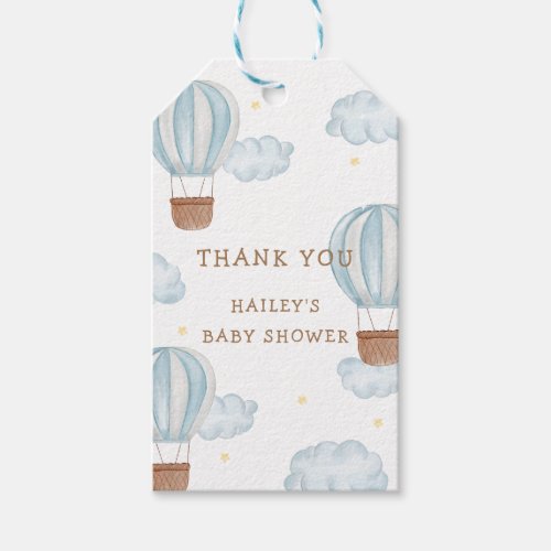 Blue Elegant Hot Air Balloon Cloud Boy Baby Shower Gift Tags