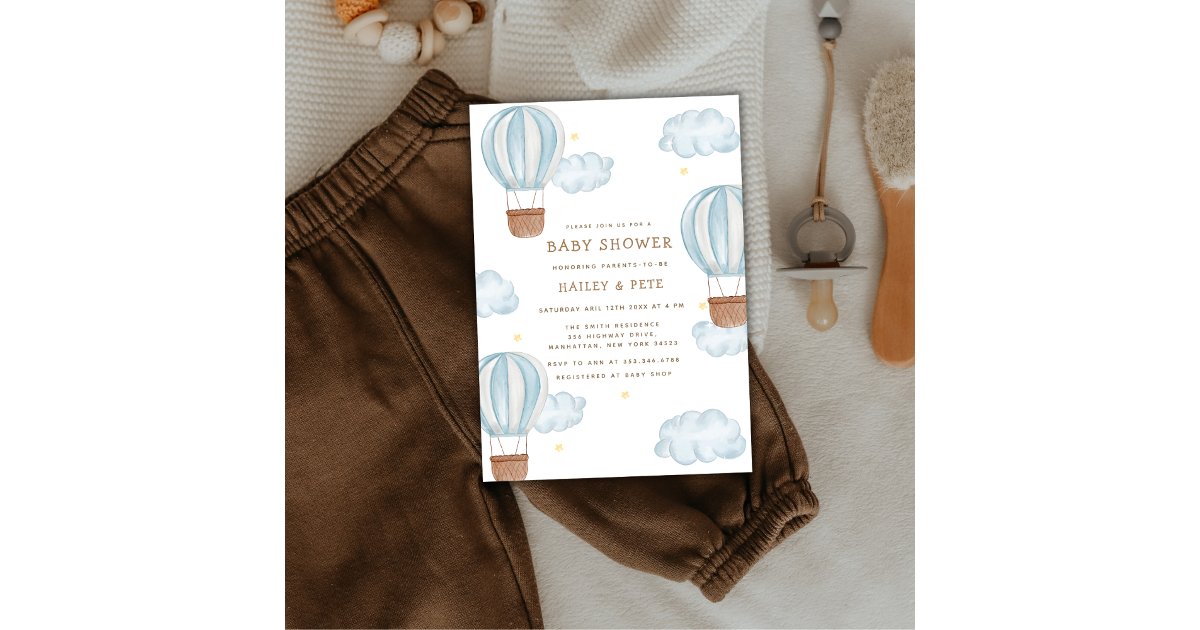 Blue Elegant Hot Air Balloon Cloud Boy Baby Shower Invitation | Zazzle
