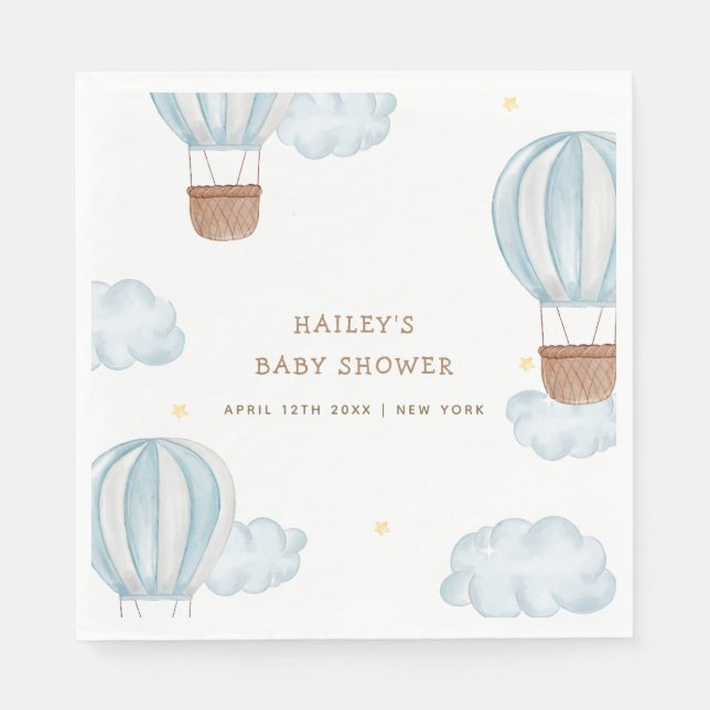 Blue Elegant Hot Air Balloon Cloud Boy Baby Shower Napkins (Front)