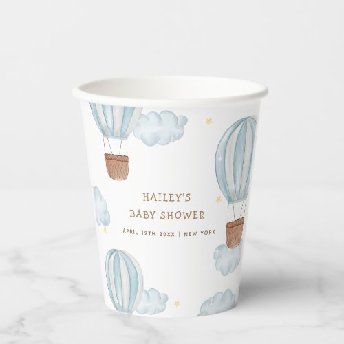 Blue Elegant Hot Air Balloon Cloud Boy Baby Shower Paper Cups