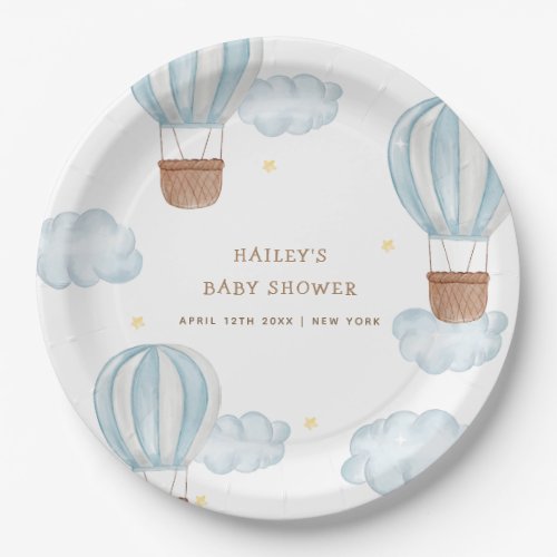 Blue Elegant Hot Air Balloon Cloud Boy Baby Shower Paper Plates