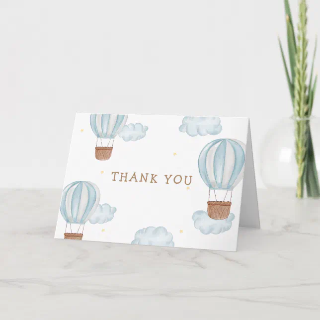 Blue Elegant Hot Air Balloon Cloud Boy Baby Shower Thank You Card | Zazzle