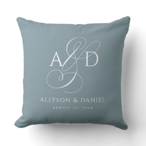 Blue Elegant Initial Script Monogram Wedding Throw Pillow
