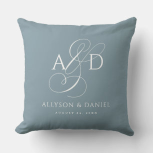 Blue Elegant Initial Script Monogram Wedding Throw Pillow