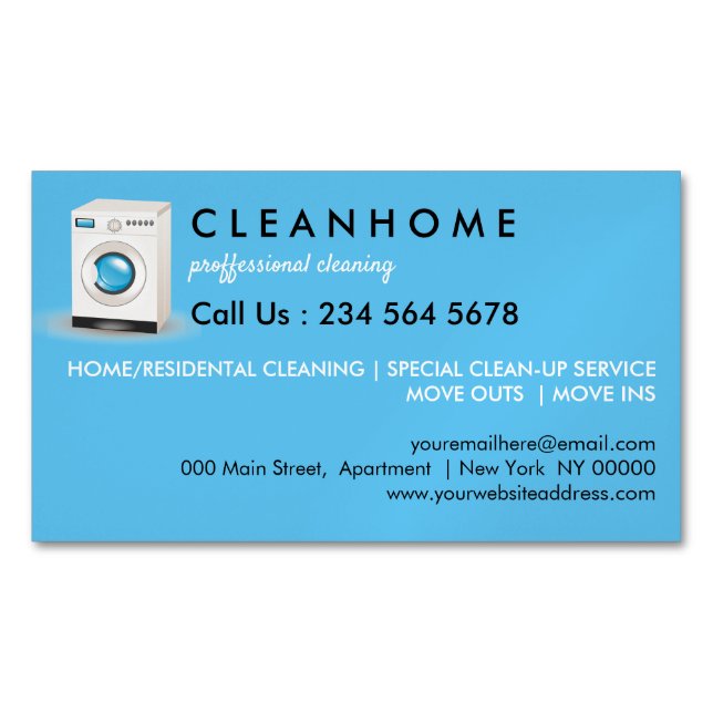 Blue Elegant Laundry Cleaning Service Business Card Magnet (Front)