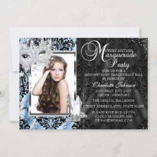Blue Elegant Mask & Heels Masquerade Photo Sweet16 Invitation