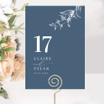 Blue Elegant, Minimal Botanical Wedding  Table Number<br><div class="desc">Guide your guests to their table with this elegant blue and white wedding table number card. Stylish and simple design with names to the side along with the "and" in modern handwritten calligraphy. Delicate hand-drawn botanical greenery corner detail. Please place an individual order for "each" table number (i.e. for an...</div>