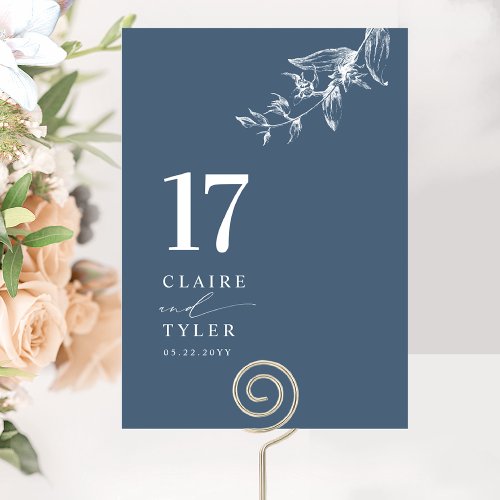 Blue Elegant Minimal Botanical Wedding  Table Number