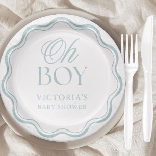 Blue Elegant Minimal Oh Boy Baby Shower Paper Plates