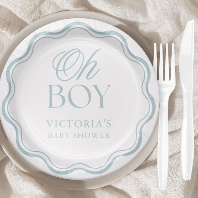 Blue Elegant Minimal Oh Boy Baby Shower Paper Plates (Creator Uploaded)