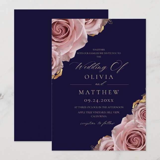 Blue Elegant Modern Dusty Roses Wedding  Invitation (Front/Back)