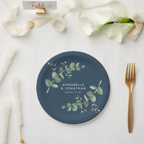 Blue elegant modern eucalyptus foliage wedding paper plates