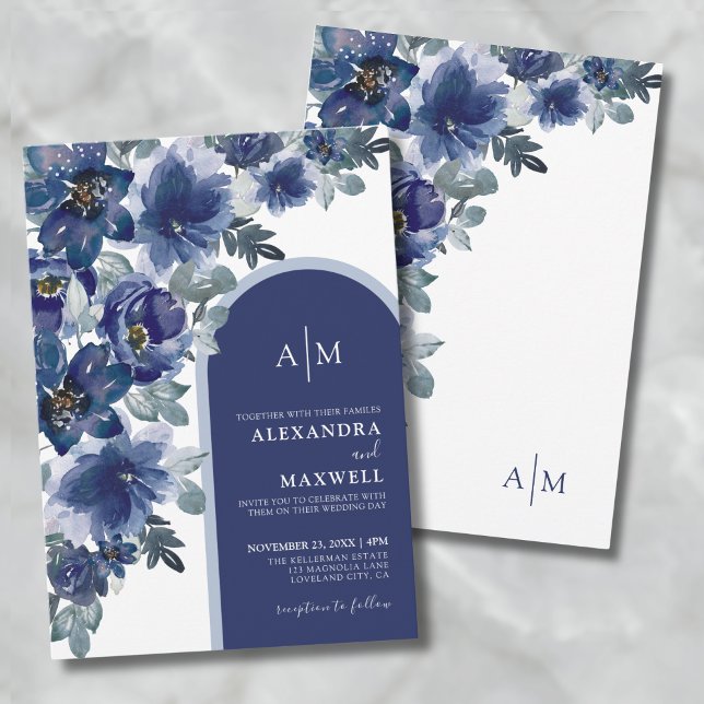 Blue Elegant Modern Watercolor Floral Wedding Invitation (Blue Elegant Modern Watercolor Floral Wedding Invitation)