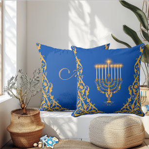 Blue Elegant Monogram Hanukkah Golden Menorah  Throw Pillow