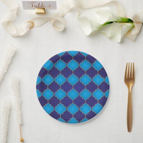 Blue Elegant Moroccan Quatrefoil Paper Plates