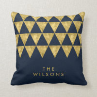 Blue Elegant Name Faux Gold Triangle Pattern Throw Pillow