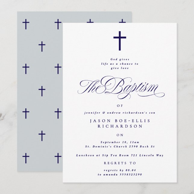 Blue Elegant Navy Cross Boy Baptism Invitation (Front/Back)