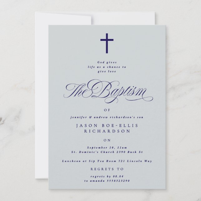 Blue Elegant Navy Cross Boy Baptism Invitation (Front)
