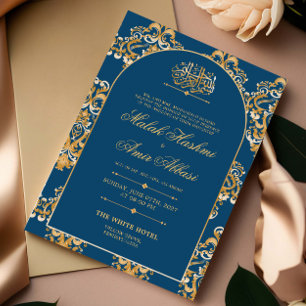 Blue Elegant Pattern Gold Islamic Muslim Wedding Invitation