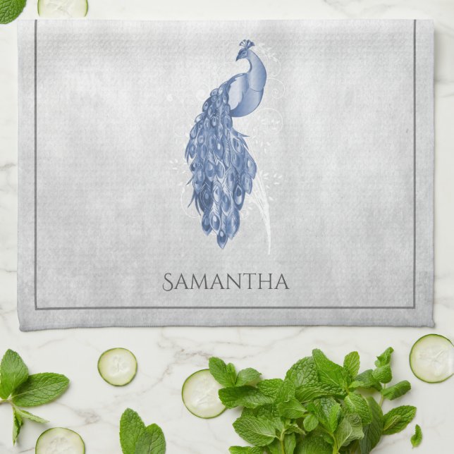 Blue Elegant Peacock Kitchen Towel (Folded)
