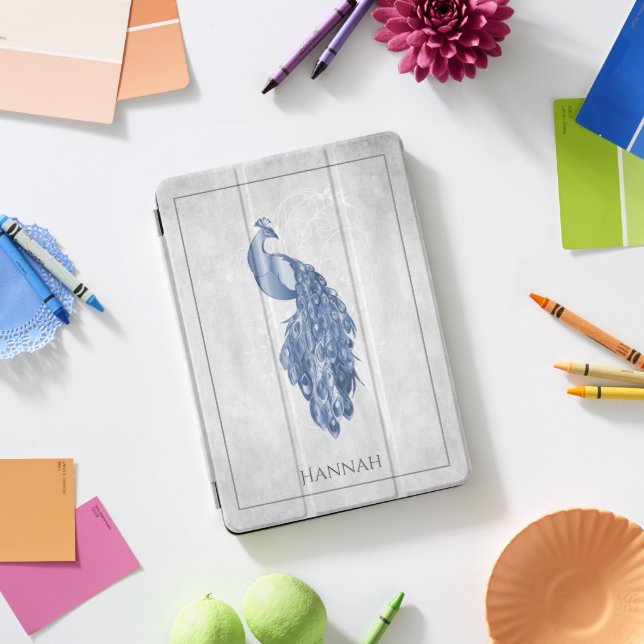 Blue Elegant Peacock Personalized iPad Pro Cover (Desk)