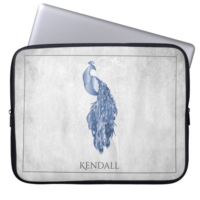 Blue Elegant Peacock Personalized Laptop Sleeve (Front)