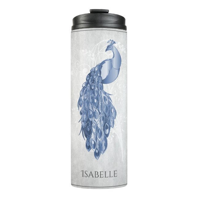 Blue Elegant Peacock Personalized Thermal Tumbler (Front)