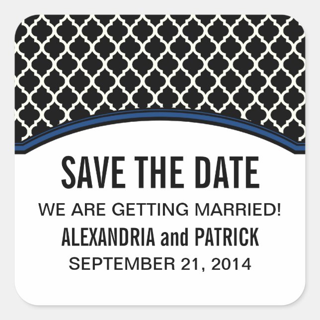 Blue Elegant Quatrefoil Save the Date Stickers (Front)