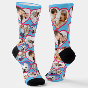 Blue Elegant Red Heart Pattern 5 Photo Collage Socks