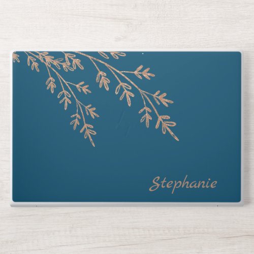 Blue Elegant Rose Gold Leaves HP Laptop Skin