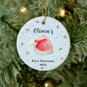 Blue Elegant Santa Hat Baby's Frist Christmas  Ceramic Ornament