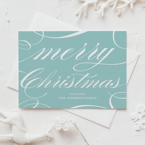 Blue Elegant Script Flourish Merry Christmas Holiday Card