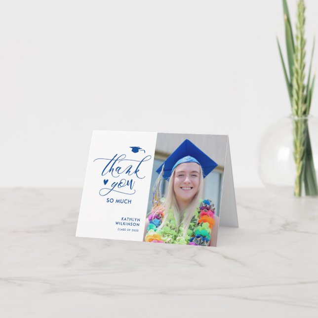 Blue Elegant Script Minimalist Photo Graduation Thank You Card (Front)
