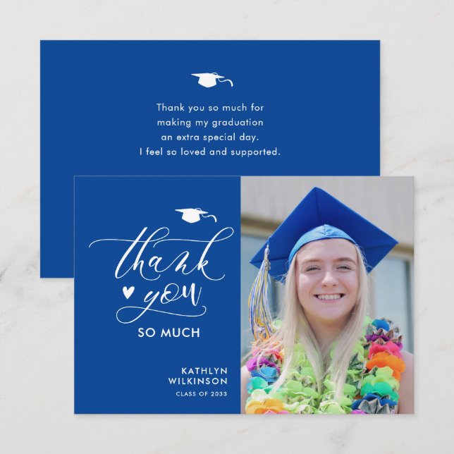 Blue Elegant Script Minimalist Photo Graduation Thank You Card (Front/Back)