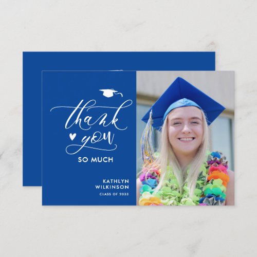 Blue Elegant Script Minimalist Photo Graduation Thank You Card