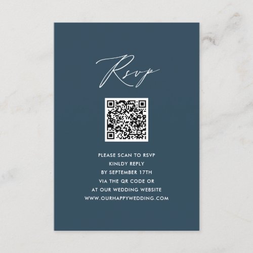 Blue Elegant Script Minimalist QR Wedding RSVP Enclosure Card