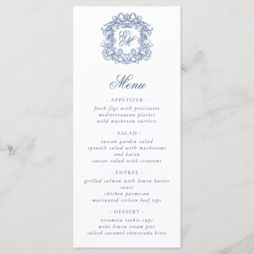 Blue Elegant Script Monogram Crest Wedding Menu