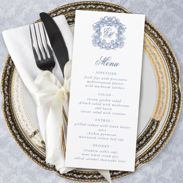 Blue Elegant Script Monogram Crest Wedding Menu (Creator Uploaded)
