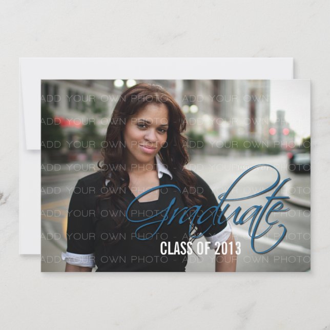 Blue Elegant Script Photo Graduation Invite (Front)