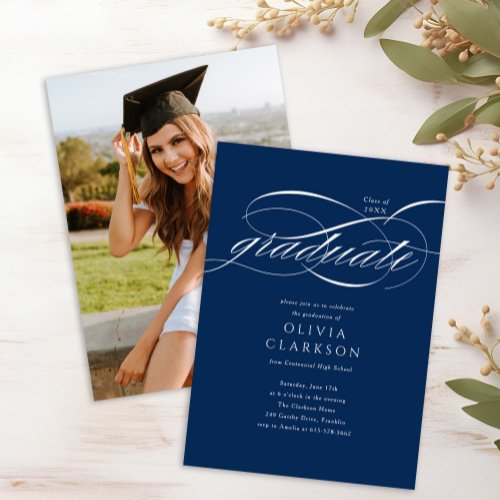 Blue Elegant Script Photo Graduation Party Invitation