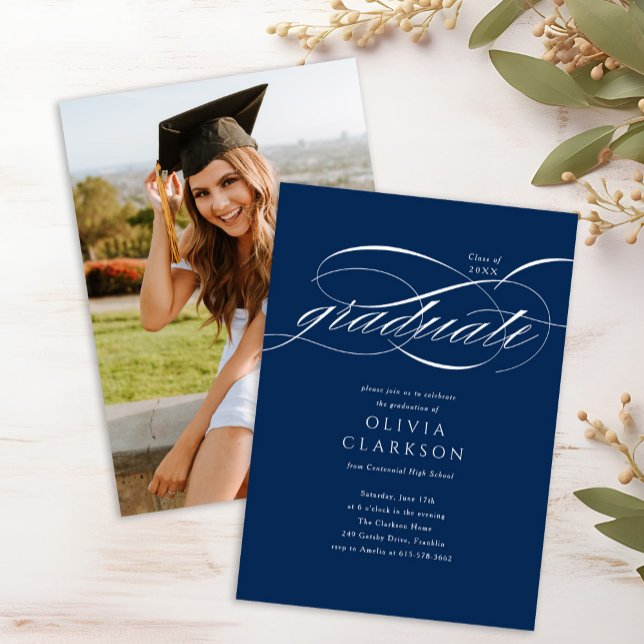 Blue Elegant Script Photo Graduation Party Invitation (Creator Uploaded)