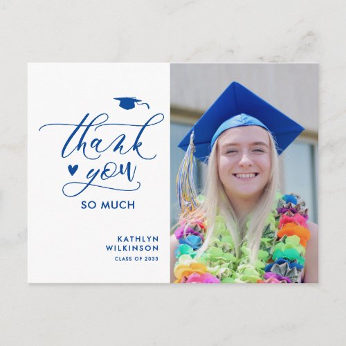 Blue Elegant Script Photo Graduation Thank You Postcard