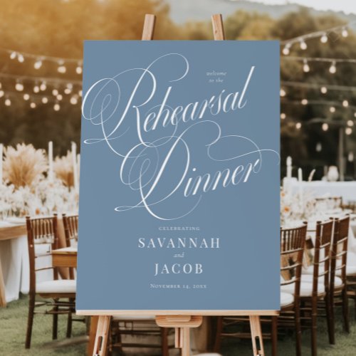 Blue Elegant Script Rehearsal Dinner Welcome Sign