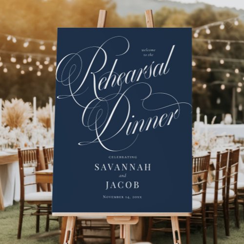 Blue Elegant Script Rehearsal Dinner Welcome Sign