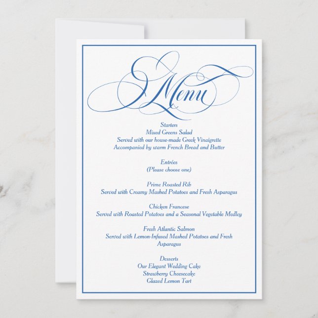 Blue Elegant Script Wedding Menu Card (Front)