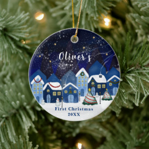 Blue Elegant Snow House Baby's Frist Christmas Ceramic Ornament