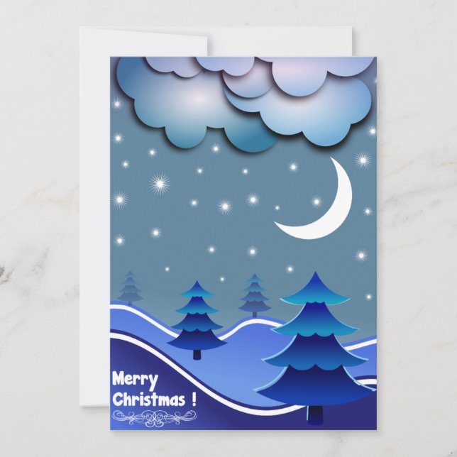 Blue Elegant Snow Stars Balls Tree Merry Christmas Holiday Card (Front)