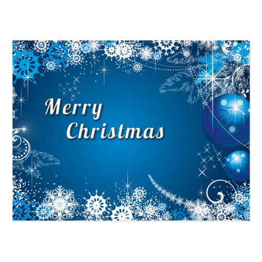 Blue Elegant Snow Stars Balls Tree Merry Christmas Postcard | Zazzle