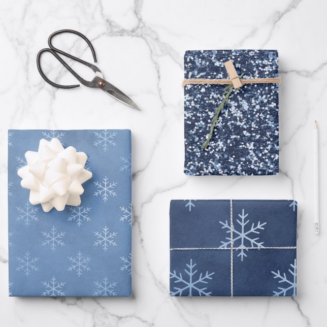 Blue Elegant Snowflake | Christmas Holiday Wrapping Paper Sheets (Front)