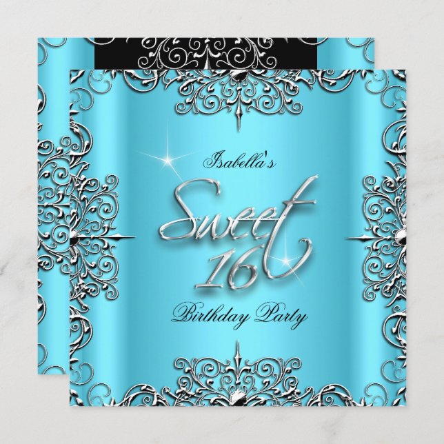 Blue Elegant Sweet Sixteen 16 Birthday Party Invitation (Front/Back)